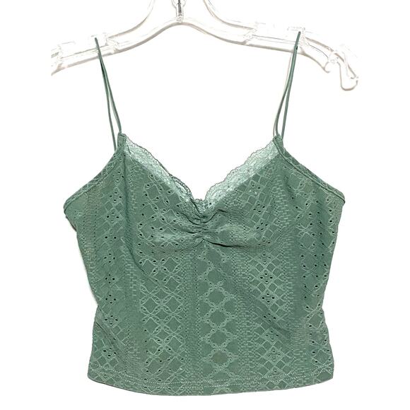 SHEIN Tops - Green Camisole Eyelet Lace S Forest Fairy Coquette Ruched Bust Dainty Goblincore
